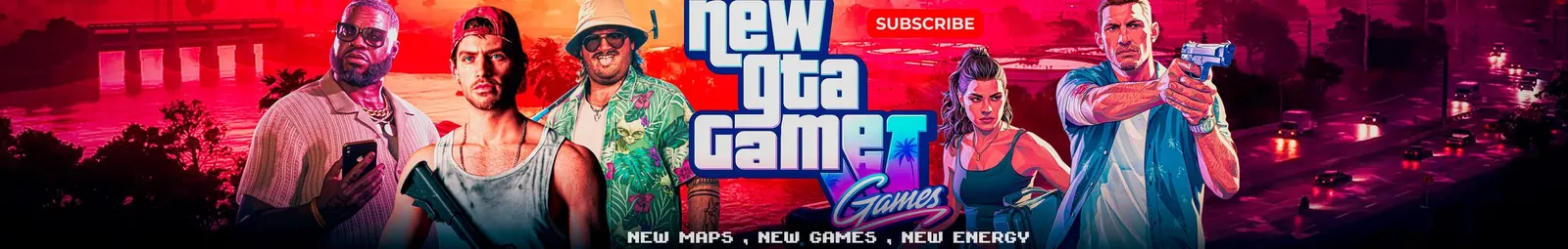 New GTA Game YouTube banner in red and pink Vice City tones