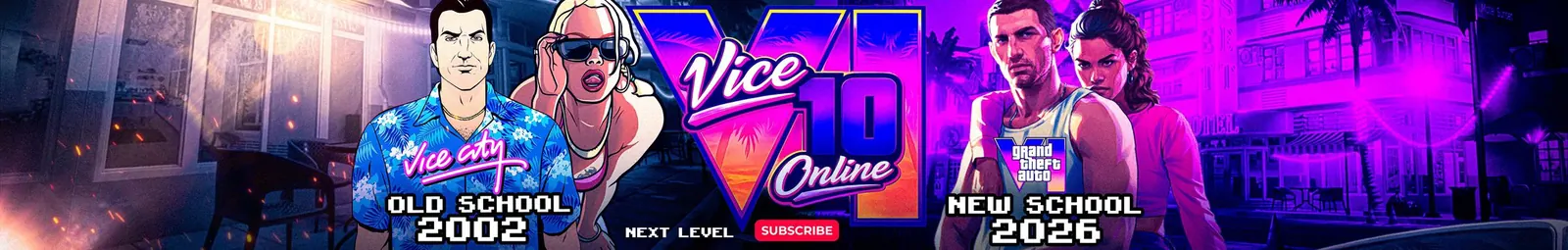 Vice 10 Online YouTube banner comparing old and new Vice City