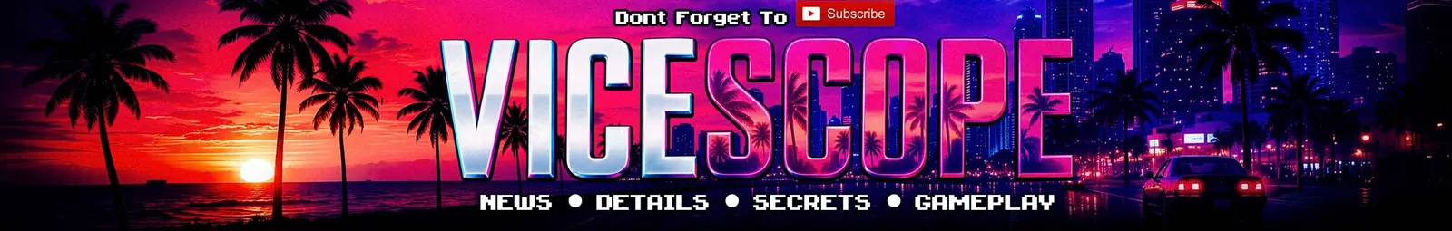Vicescope YouTube banner with palms, sunset and a neon city skyline